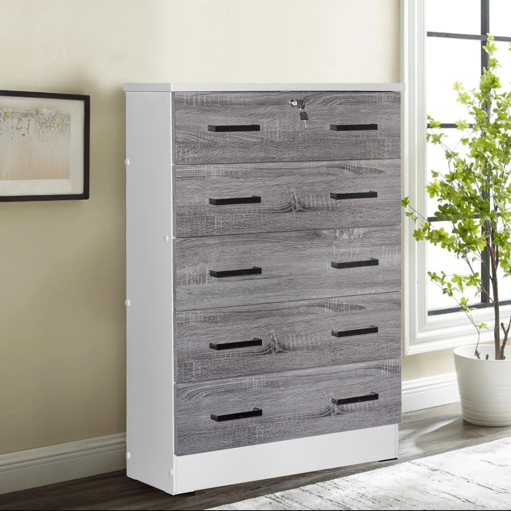 Cindy 5 Drawer Chest Wooden Dresser with Lock in White/Gray