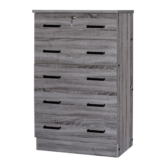 Cindy 5 Drawer Chest Wooden Dresser with Lock in Gray