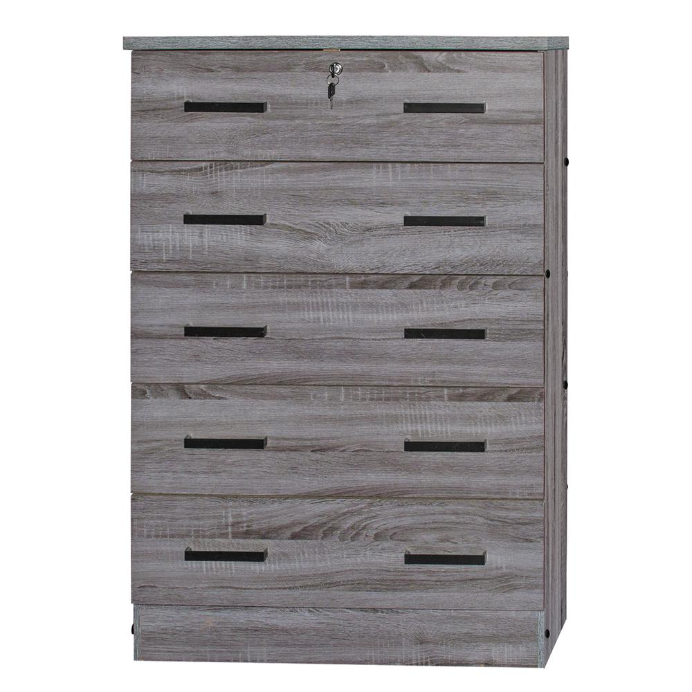 Cindy 5 Drawer Chest Wooden Dresser with Lock in Gray