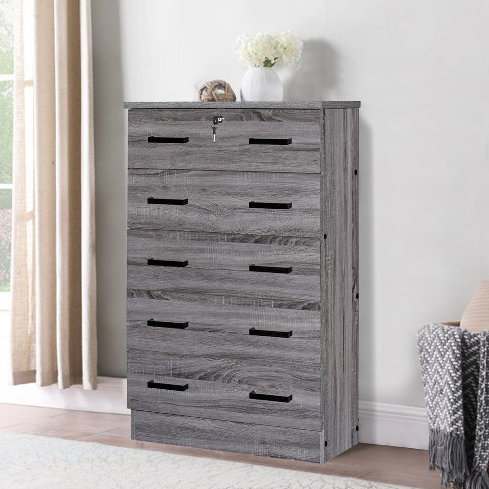 Cindy 5 Drawer Chest Wooden Dresser with Lock in Gray