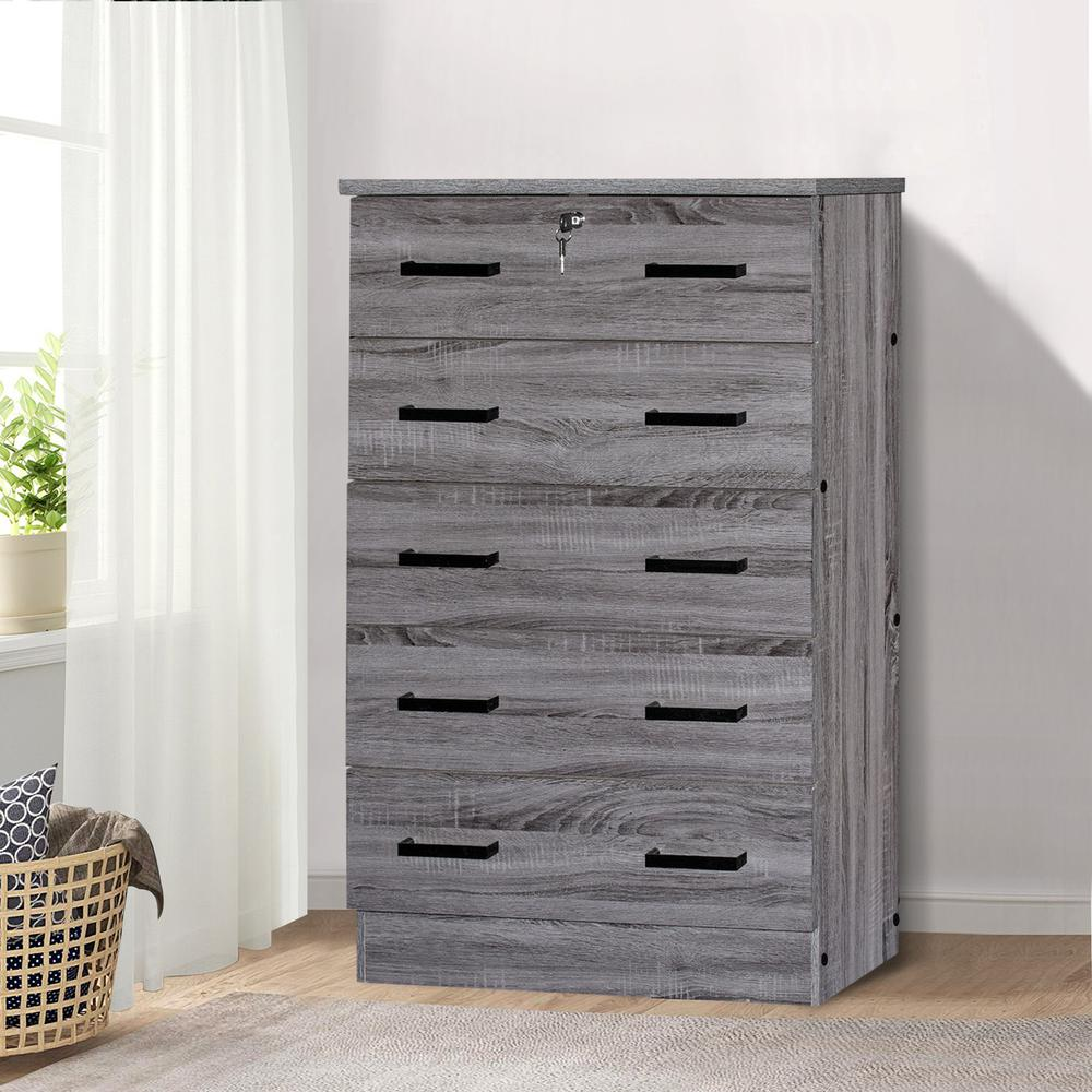 Cindy 5 Drawer Chest Wooden Dresser with Lock in Gray