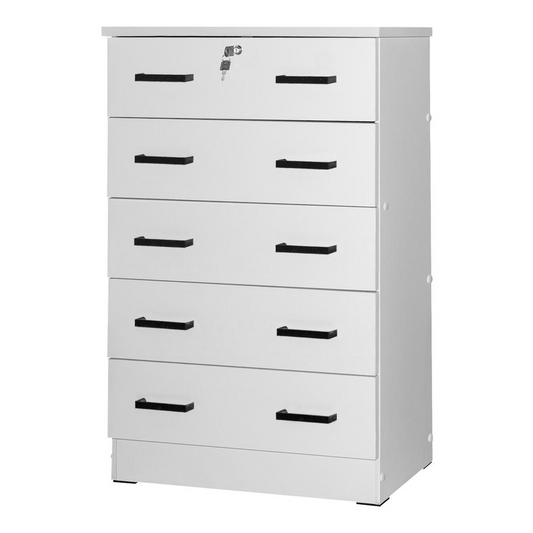 5 Drawer Chest Wooden Dresser with Lock in White