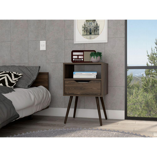 DEPOT E-SHOP Emma Nightstand, Countertop, Four Legs, One Open Shelf, One Drawer-Dark Walnut, For Bedroom