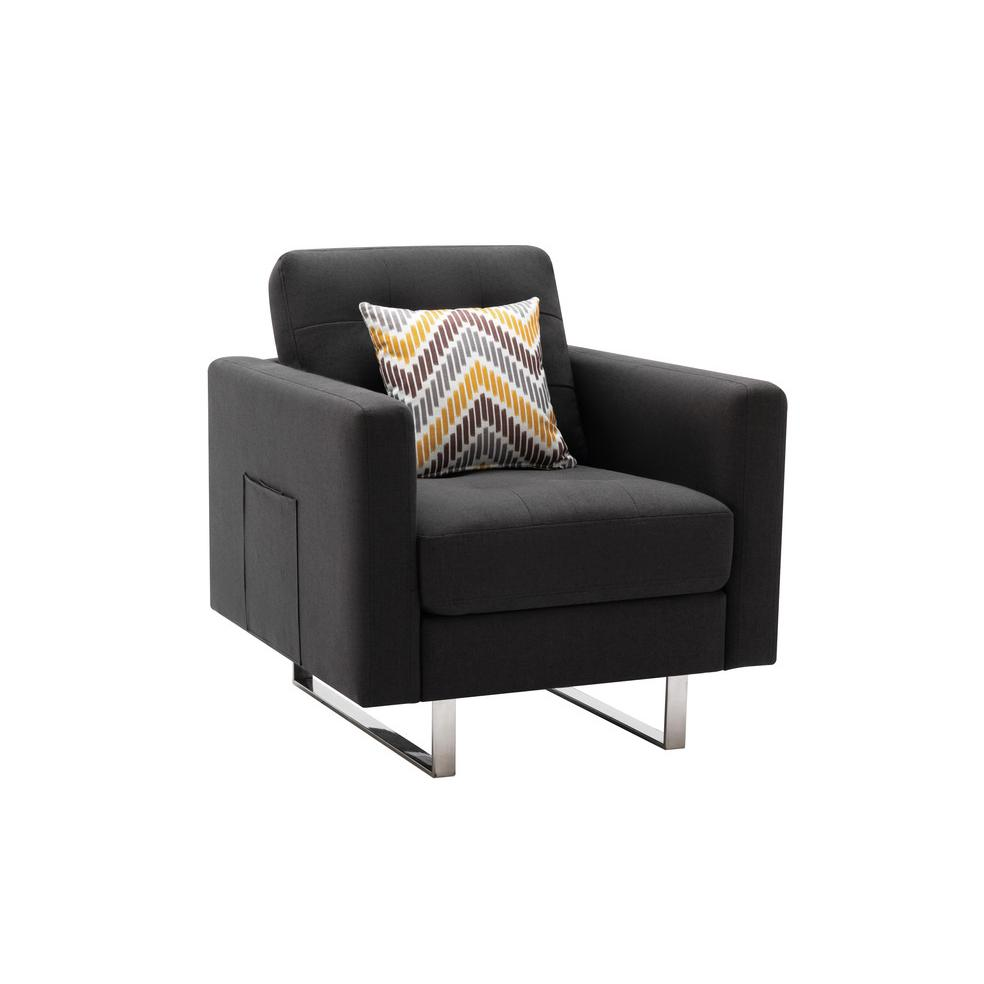 Victoria Dark Gray Linen Fabric Armchair with Metal Legs, Side Pockets, and Pillow