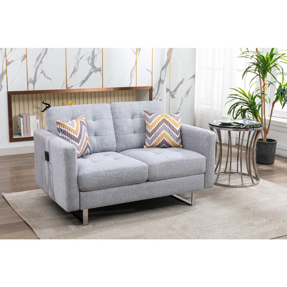 Victoria Light Gray Linen Fabric Loveseat with Metal Legs, Side Pockets, and Pillows