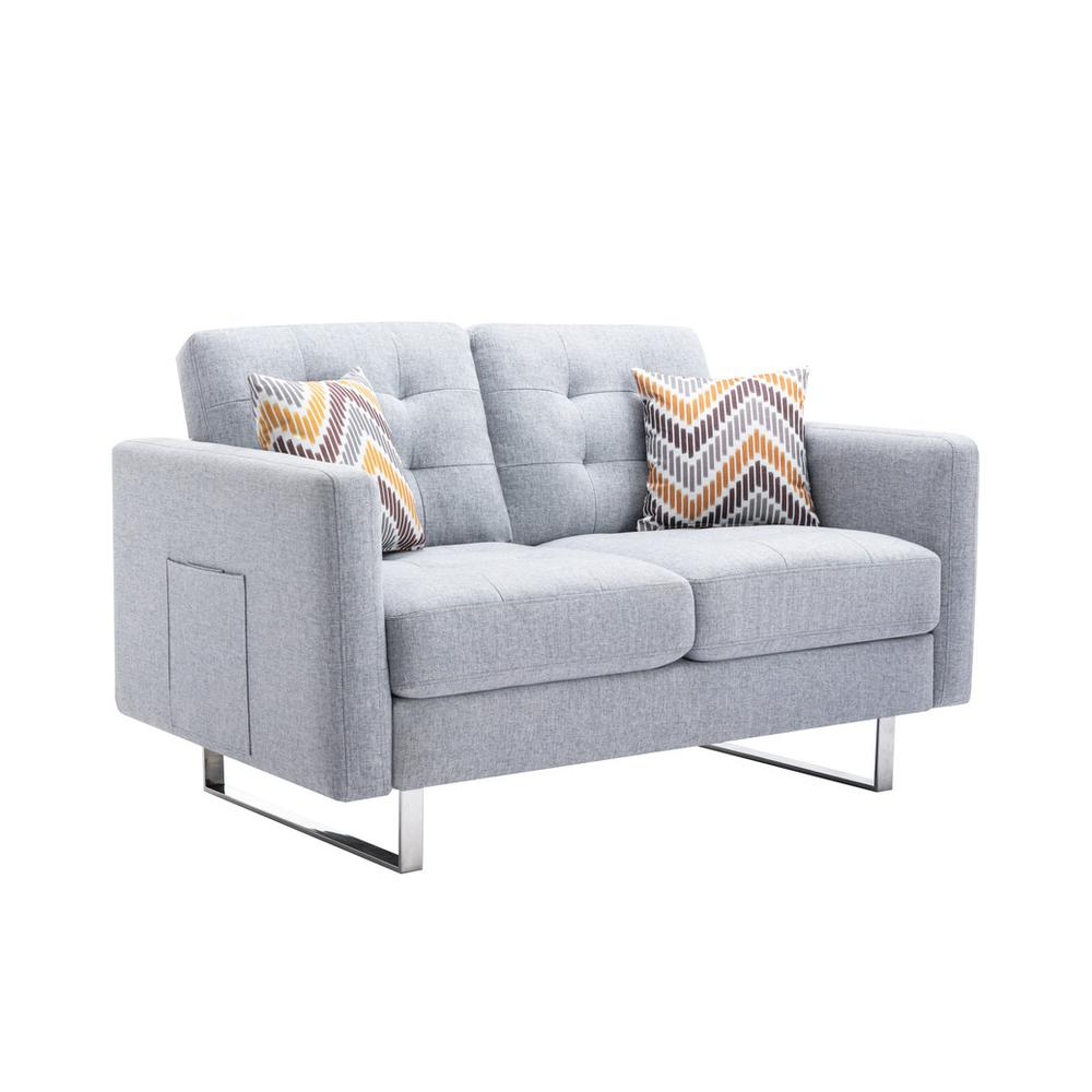 Victoria Light Gray Linen Fabric Loveseat with Metal Legs, Side Pockets, and Pillows