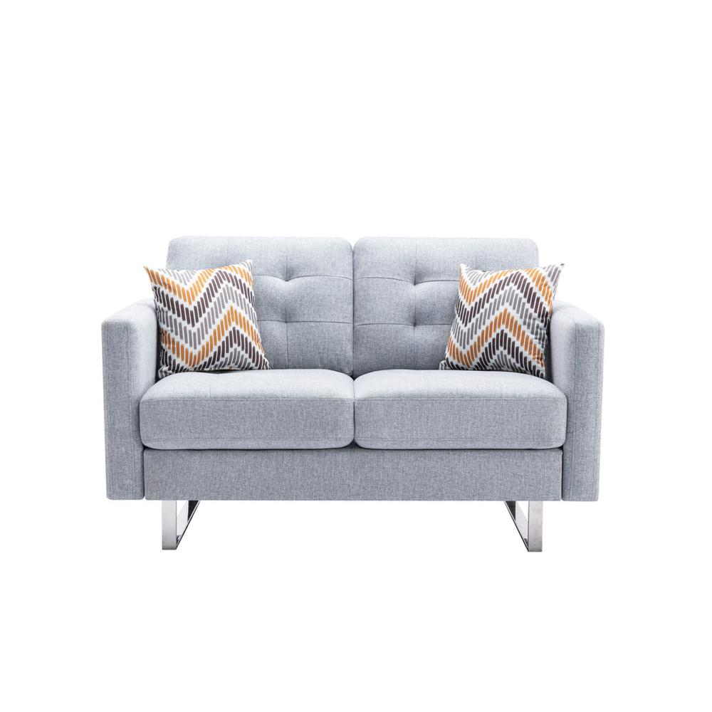 Victoria Light Gray Linen Fabric Loveseat with Metal Legs, Side Pockets, and Pillows