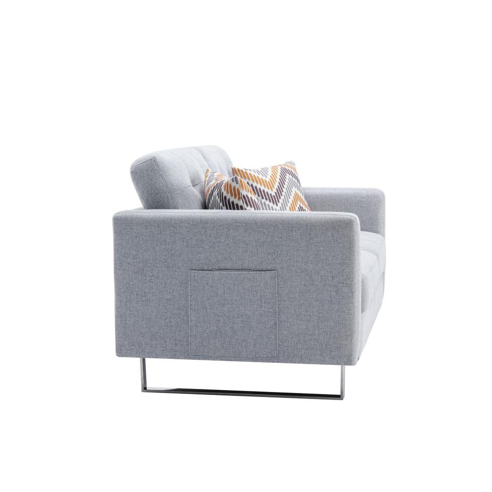 Victoria Light Gray Linen Fabric Loveseat with Metal Legs, Side Pockets, and Pillows