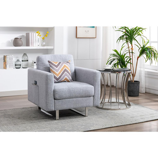 Victoria Light Gray Linen Fabric Armchair with Metal Legs, Side Pockets, and Pillow