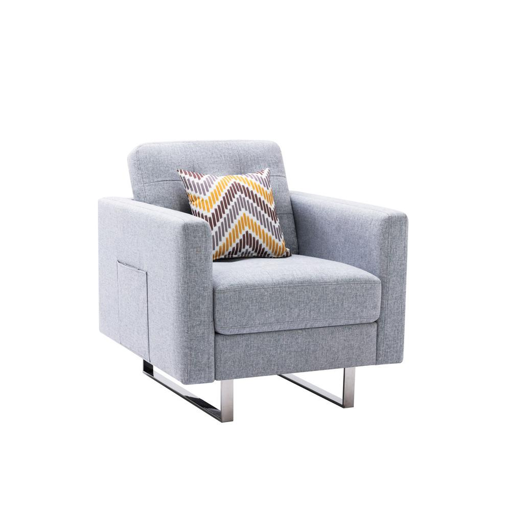 Victoria Light Gray Linen Fabric Armchair with Metal Legs, Side Pockets, and Pillow