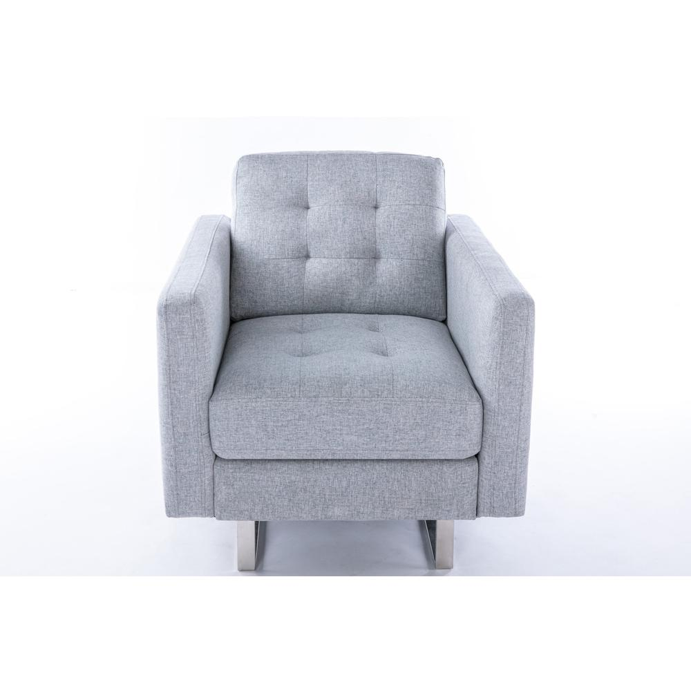 Victoria Light Gray Linen Fabric Armchair with Metal Legs, Side Pockets, and Pillow