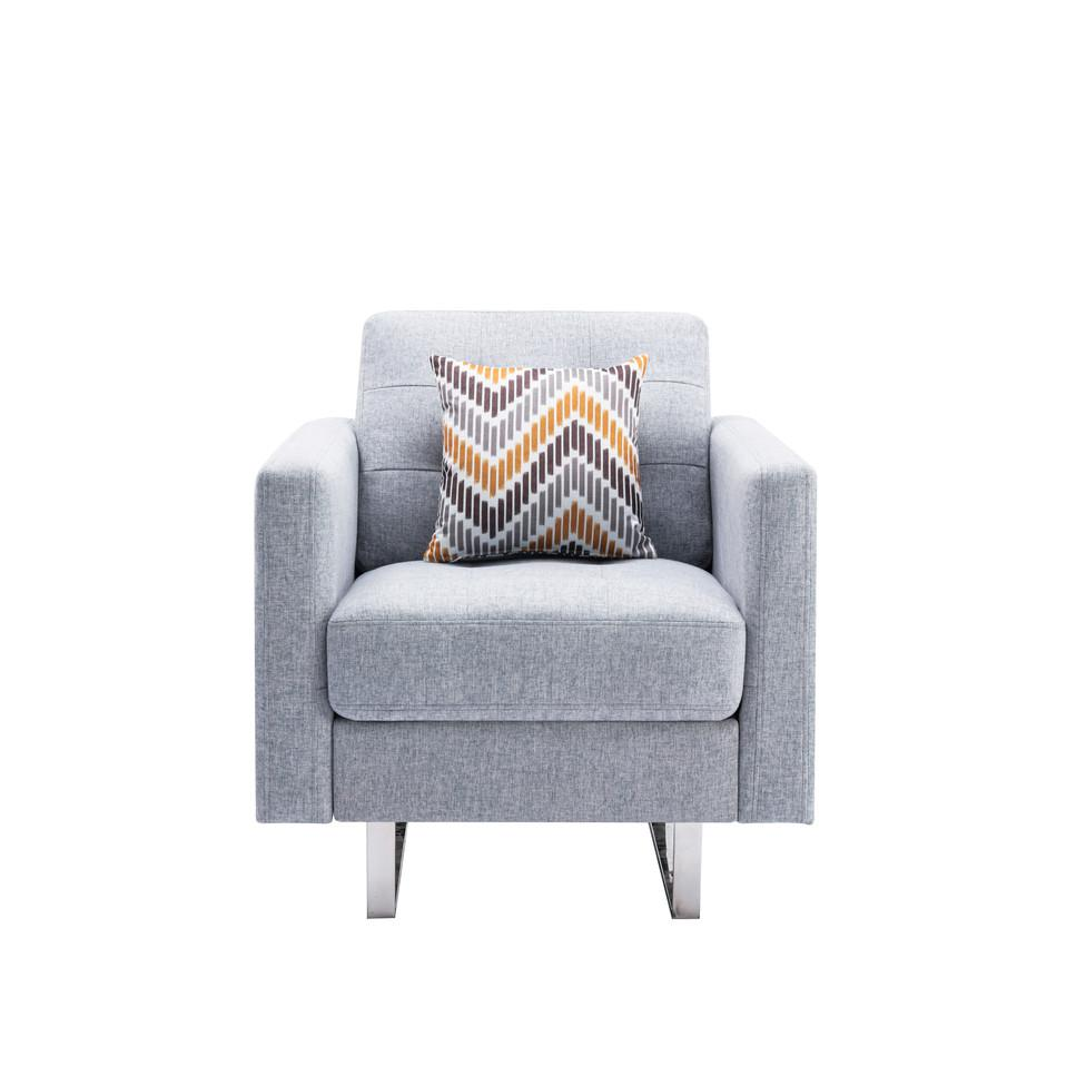 Victoria Light Gray Linen Fabric Armchair with Metal Legs, Side Pockets, and Pillow