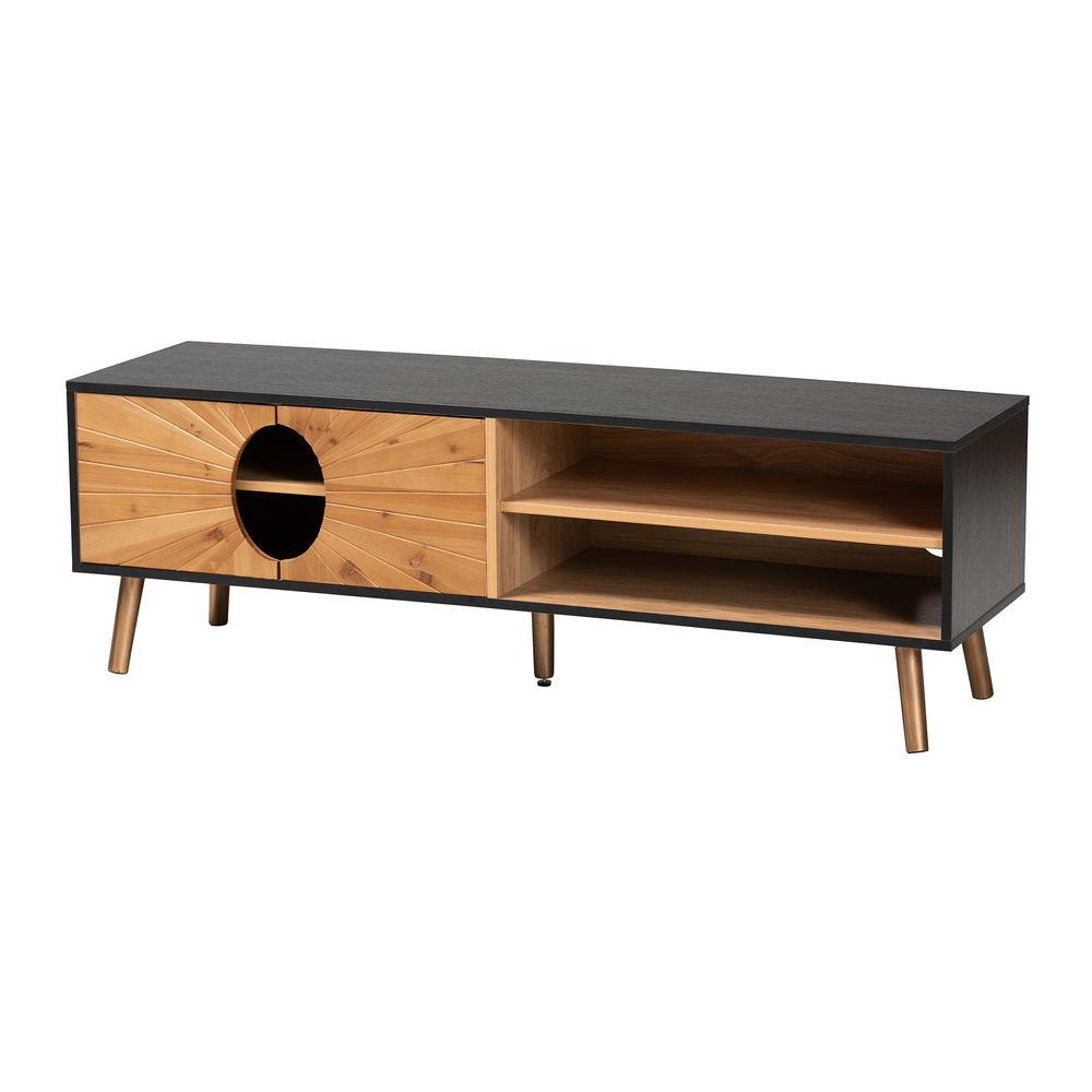 Two-Tone Dark and Natural Brown Finished Wood TV Stand