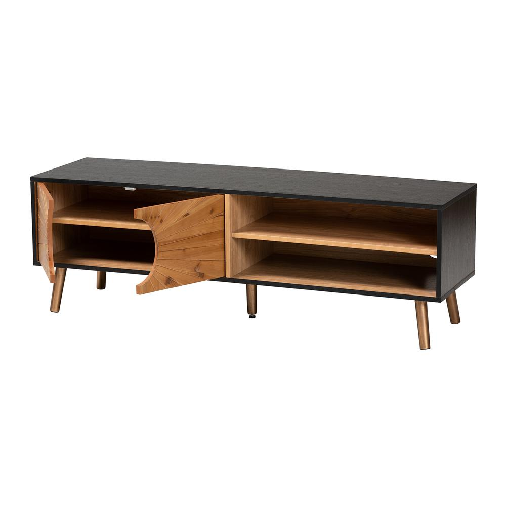 Two-Tone Dark and Natural Brown Finished Wood TV Stand