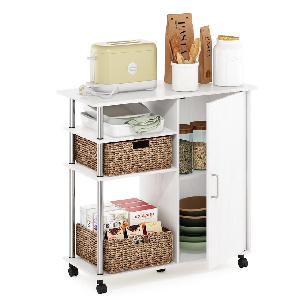 4-Tier Utility Kitchen Island and Storage Cart on wheels with Stainless Steel Tubes, White Oak/Chrome