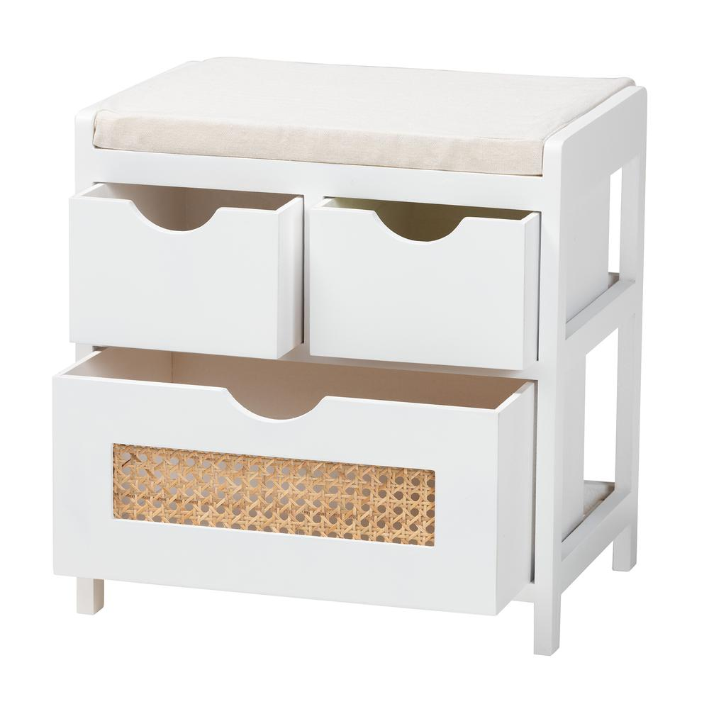 White Finished Wood 3-Drawer Storage Bench with Natural Rattan