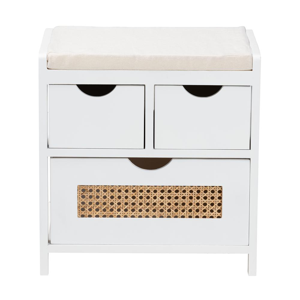 White Finished Wood 3-Drawer Storage Bench with Natural Rattan