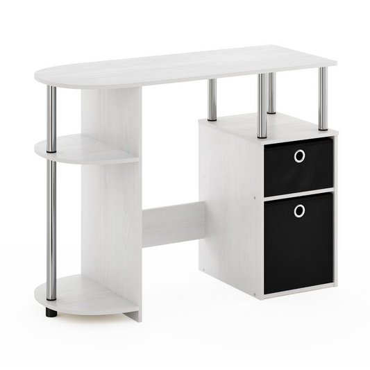 Simplistic Computer Study Desk with Bin Drawers, White Oak, Stainless Steel Tubes