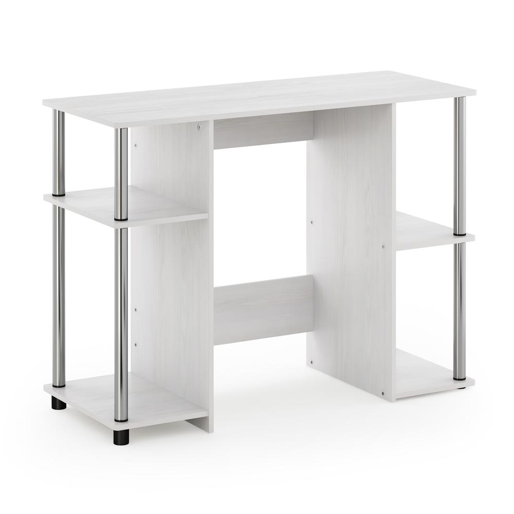 Compact Computer Study Desk, White Oak, Stainless Steel Tubes