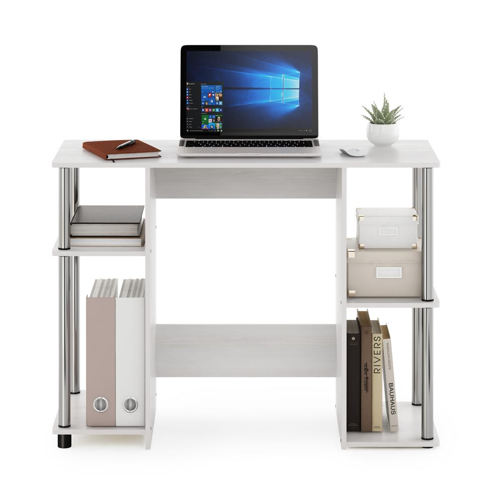 Compact Computer Study Desk, White Oak, Stainless Steel Tubes