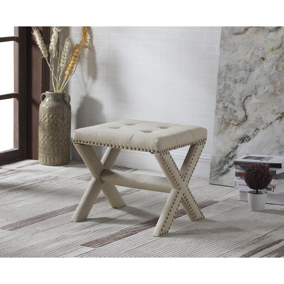 Fabric Upholstered Square Accent Bench in Natural/Nail Heads