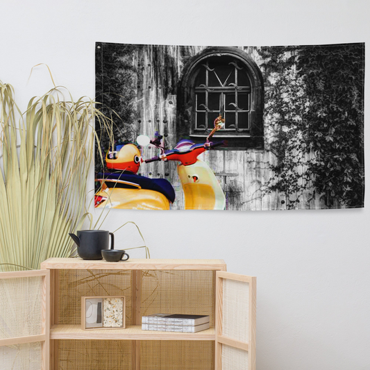 Vespa at Door Flag Tapestry wall hanging