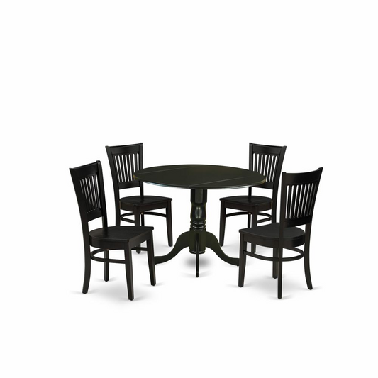 5-Piece Dinette Set- 4 Dining Room Chair with Wooden Seat and Slatted Chair Back - Drop Leaves Modern Dining Room Table - Black Finish