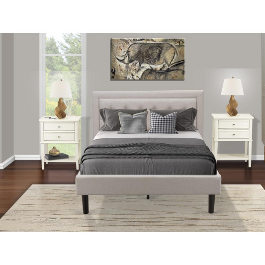 3-Piece Set King Platform Wooden Bed and 2 Nightstands - Mist Beige Linen Fabric