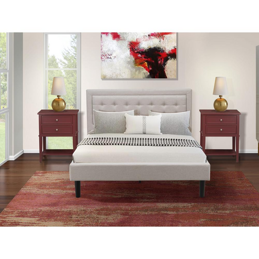 3-Piece Fannin Queen Bed and 2 Small Nightstands - Mist Beige Linen Fabric