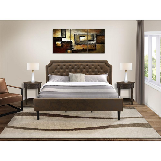 3-Piece Set with King Bed and 2 Distressed Jacobean Small End Tables - Dark Brown Faux Leathe