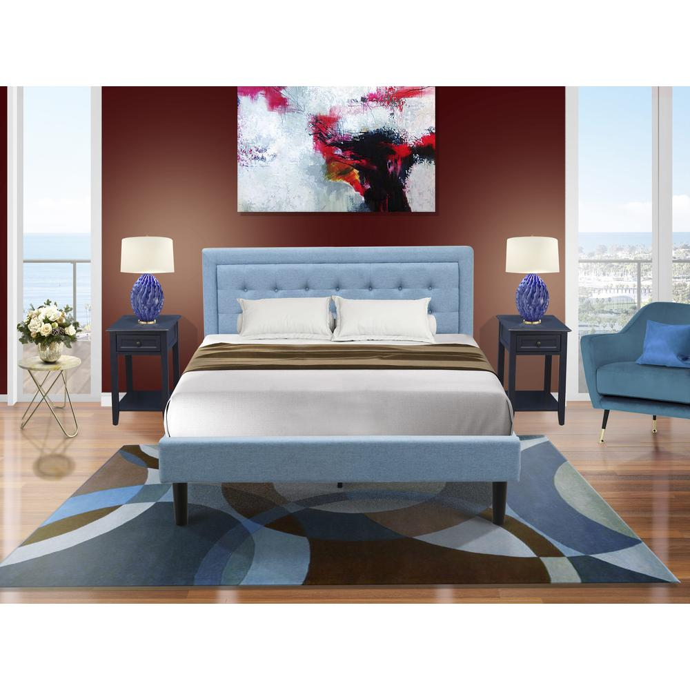 FN11Q-2DE15 3-Piece Platform Bed Set with 1 Queen Bed Frame and 2 Night Stands - Denim Blue Linen Fabric