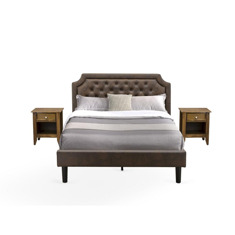 GB25Q-2GA08 3-Pc Platform Bed Set with a Queen Size Bed and 2 Antique Walnut Night Stands - Dark Brown Faux Leather and Black Legs