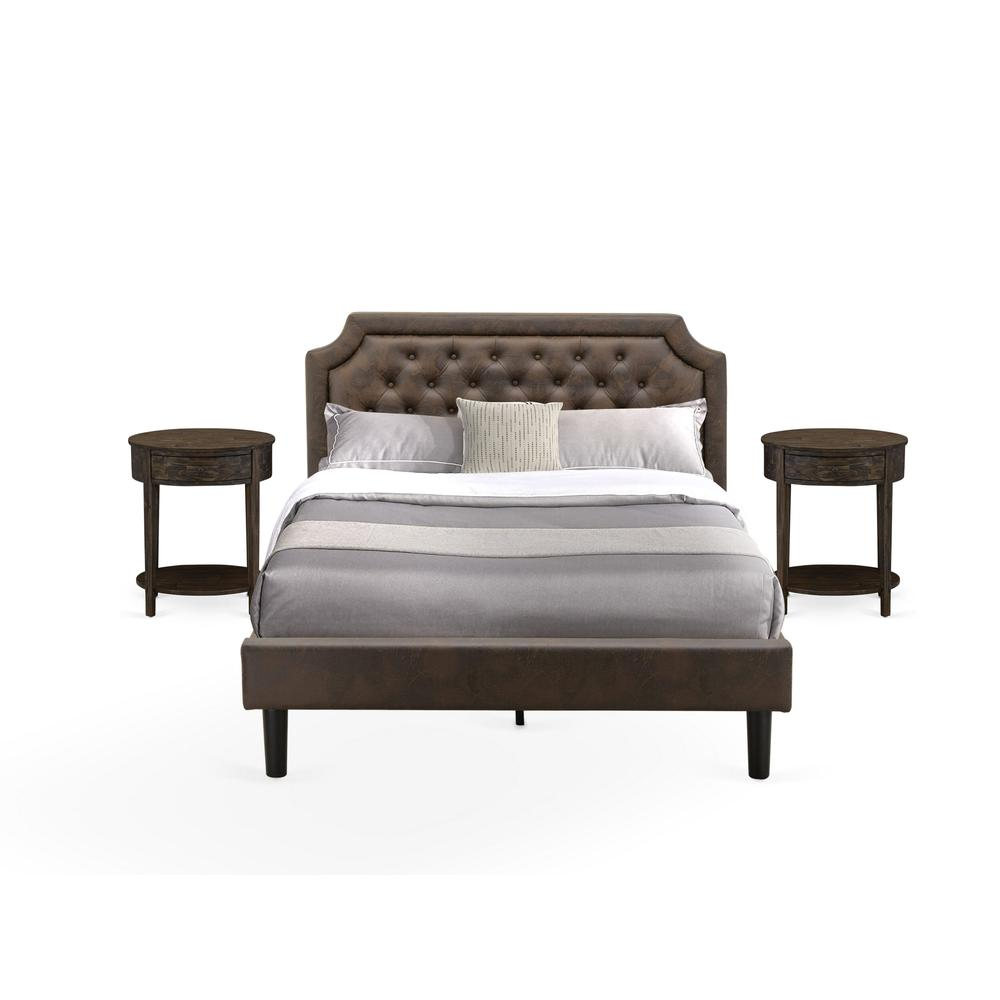 GB25Q-2HI07 3-Pc Granbury Bed Set with Queen Frame and 2 Distressed Jacobean End Tables - Dark Brown Faux Leather and Black Legs