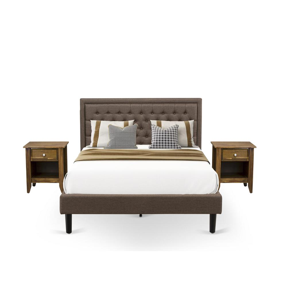 KD18Q-2GA08 3 Pc Queen Bed Set - Queen Bed Frame Brown Headboard with 2 Small Night Stand - Black Finish Legs