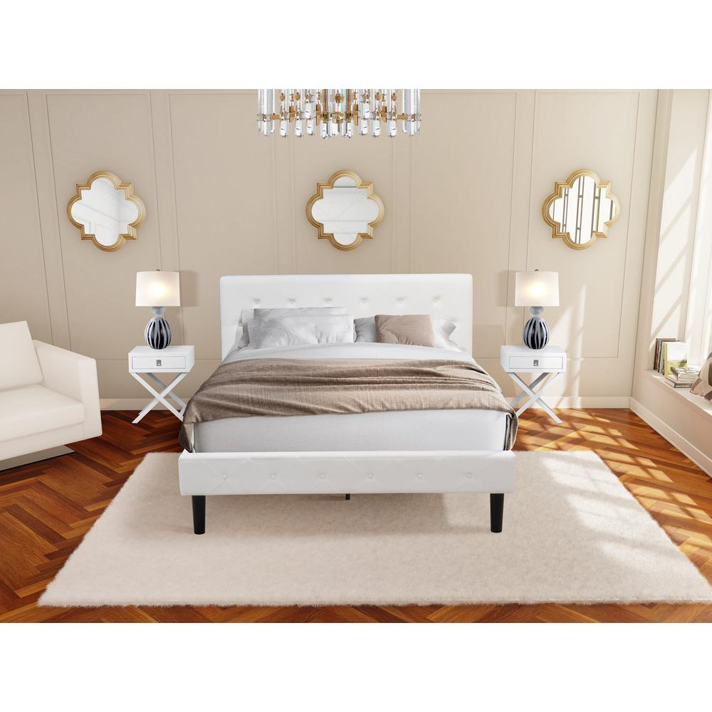 3 Pc Set - Queen Bed White Velvet Fabric Headboard and 2 Wood Nightstand