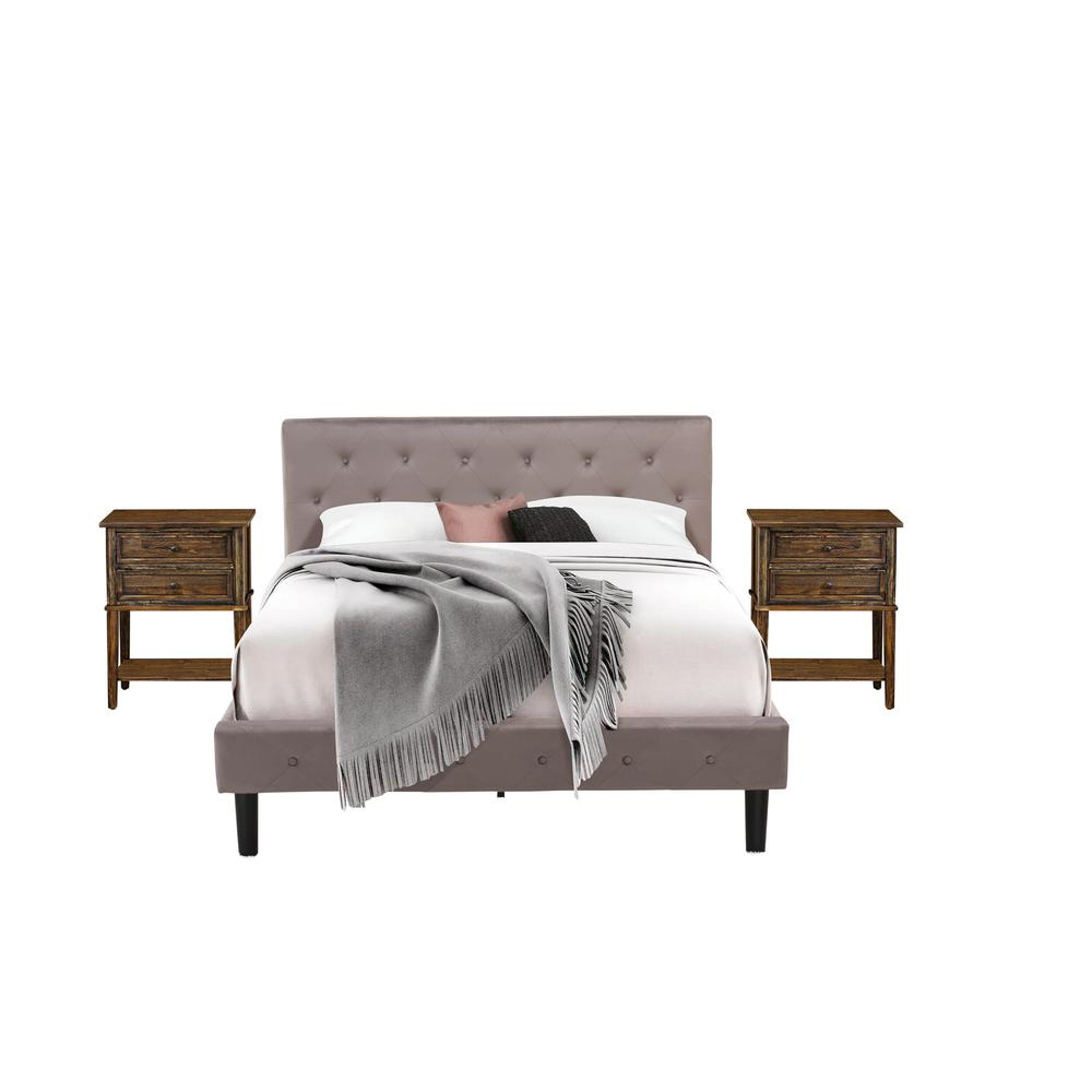 NL14Q-2VL07 3 Pc Bed Set - 1 Bed Brown Taupe Velvet Fabric Headboard and 2 Nightstands - Distressed Jacobean Finish Nightstand