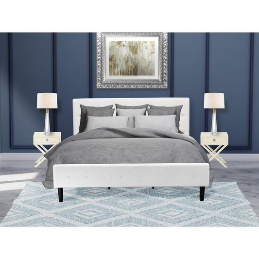 NL19K-2HA05 3 Pc Bed Set - 1 King Size Bed White Velvet Fabric Headboard and 2 Wooden Night Stand - Linen White Finish Nightstand