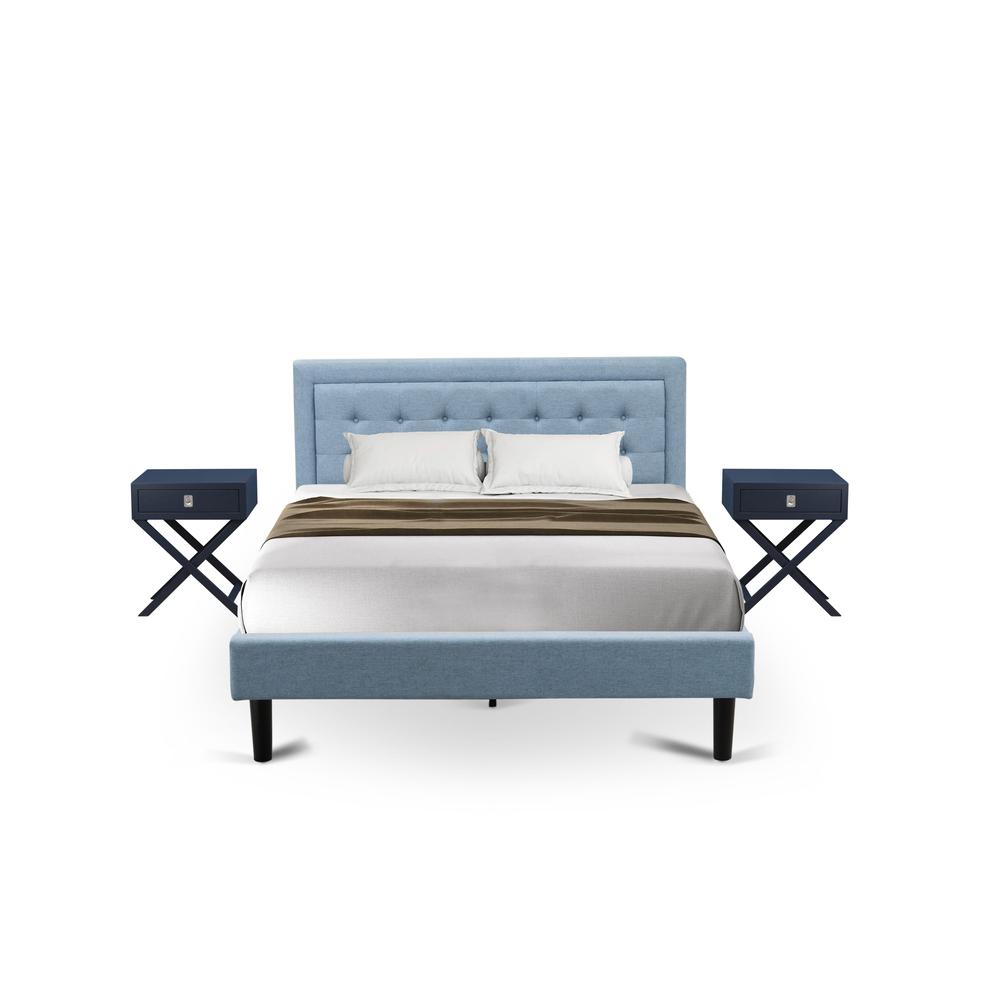 Queen 3-Piece Fannin Wooden Set with 1 Platform Bed and 2 Modern Nightstands - Denim Blue Linen Fabric