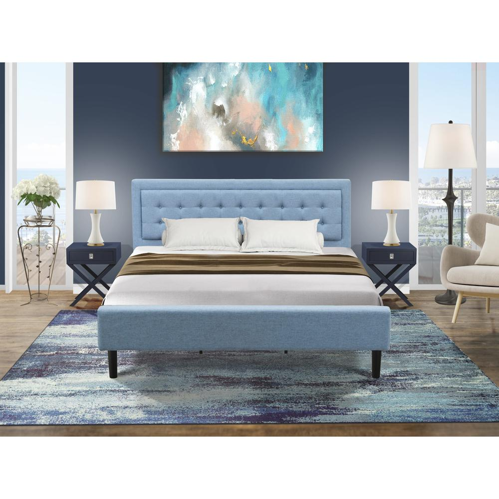 King 3-Piece Platform Bedroom Set with 1 Modern Bed and 2 Nightstands - Denim Blue Linen Fabric