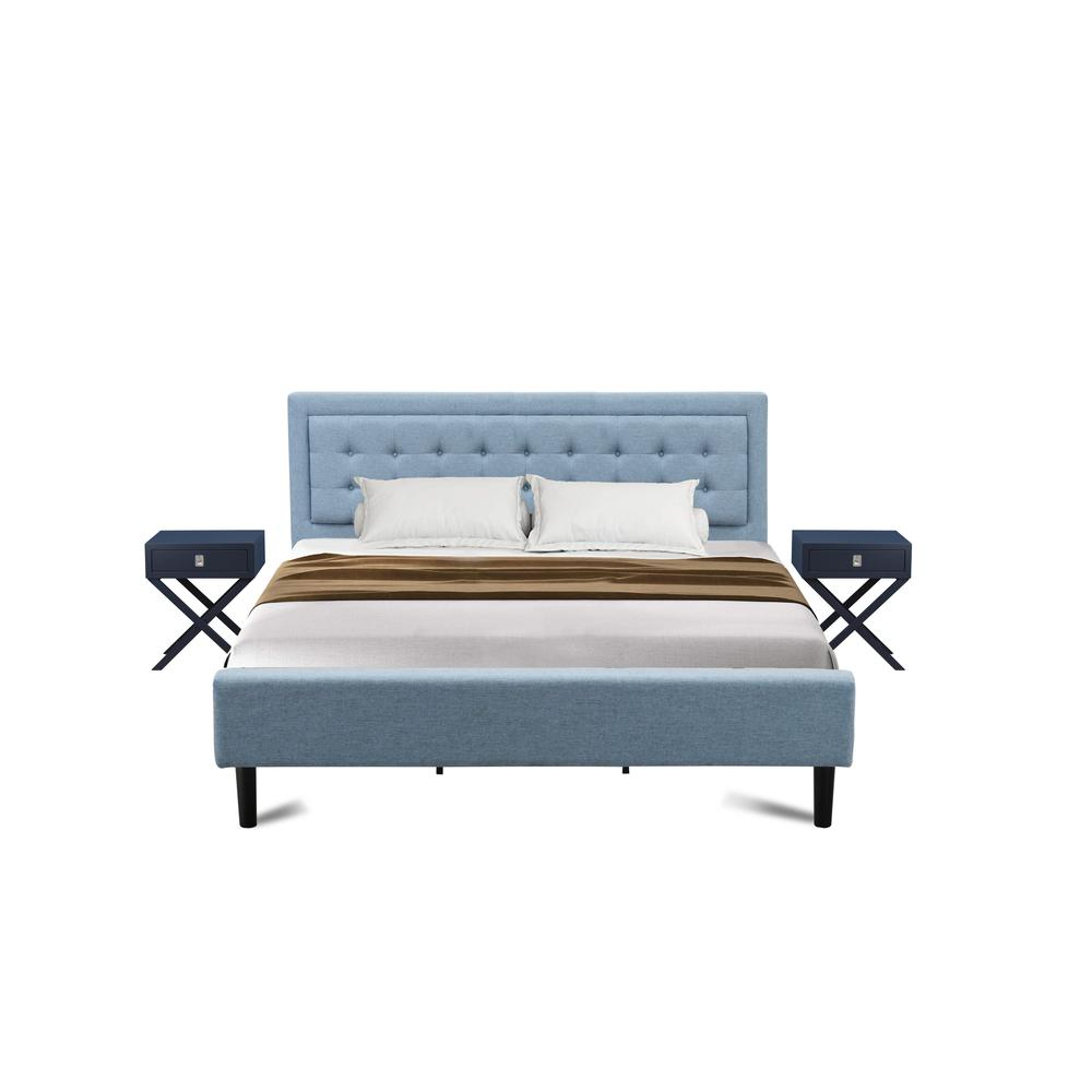 King 3-Piece Platform Bedroom Set with 1 Modern Bed and 2 Nightstands - Denim Blue Linen Fabric