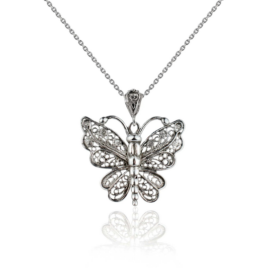 Filigree Art Butterfly Design Women Silver Pendant Necklace