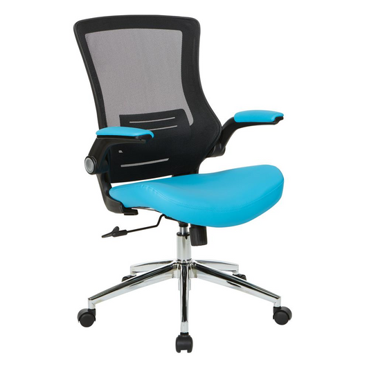 Black Screen Back Manager's Chair with Blue Faux Leather Seat and Padded Flip Arms