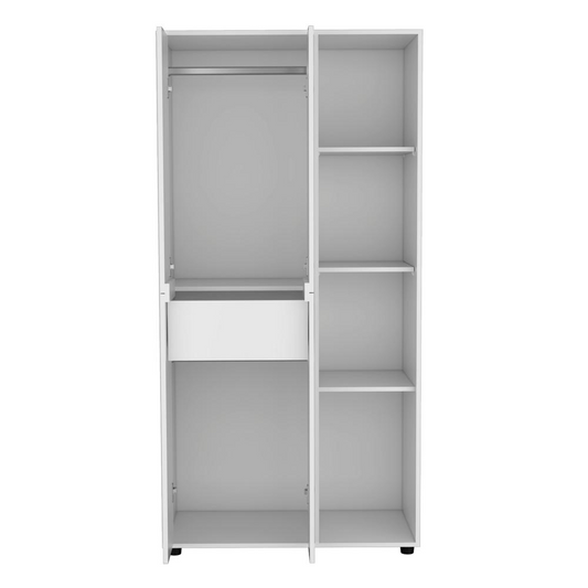 Armoire with 2-door Storage with Metal Rods, Drawer, 3 Open Shelves, White