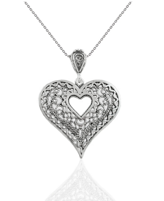 Filigree Art Heart in Heart Women Silver Pendant Necklace