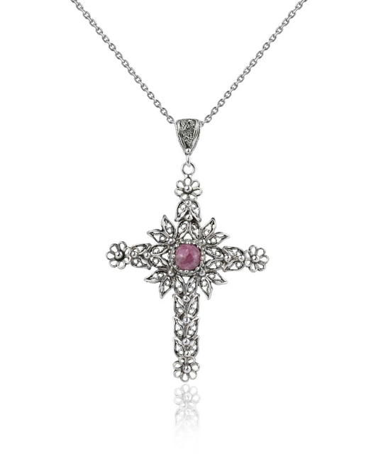 Filigree Art Rhodonite Gemstone Women Silver Cross Pendant Necklace