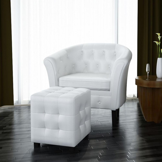 Tub Chair with Footstool White Faux Leather, 60711