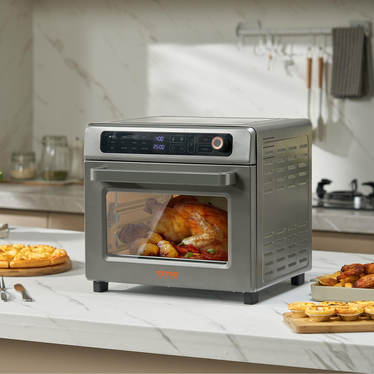 VEVOR 12-IN-1 Air Fryer Toaster Oven, 25L Convection Oven, 1700W Stainless Steel Toaster Ovens Countertop Combo with Grill, Pizza Pan, Gloves, 12 Slices Toast, 12-inch Pizza, Home and Commercial Use