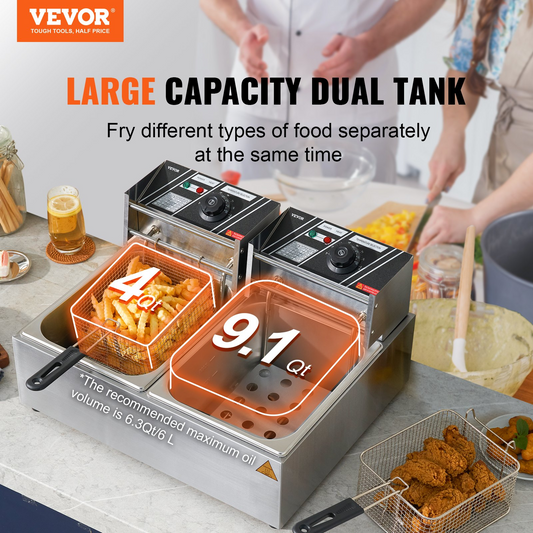 VEVOR Commercial Electric Deep Fryer Countertop Deep Fryer Dual Detachable Tanks