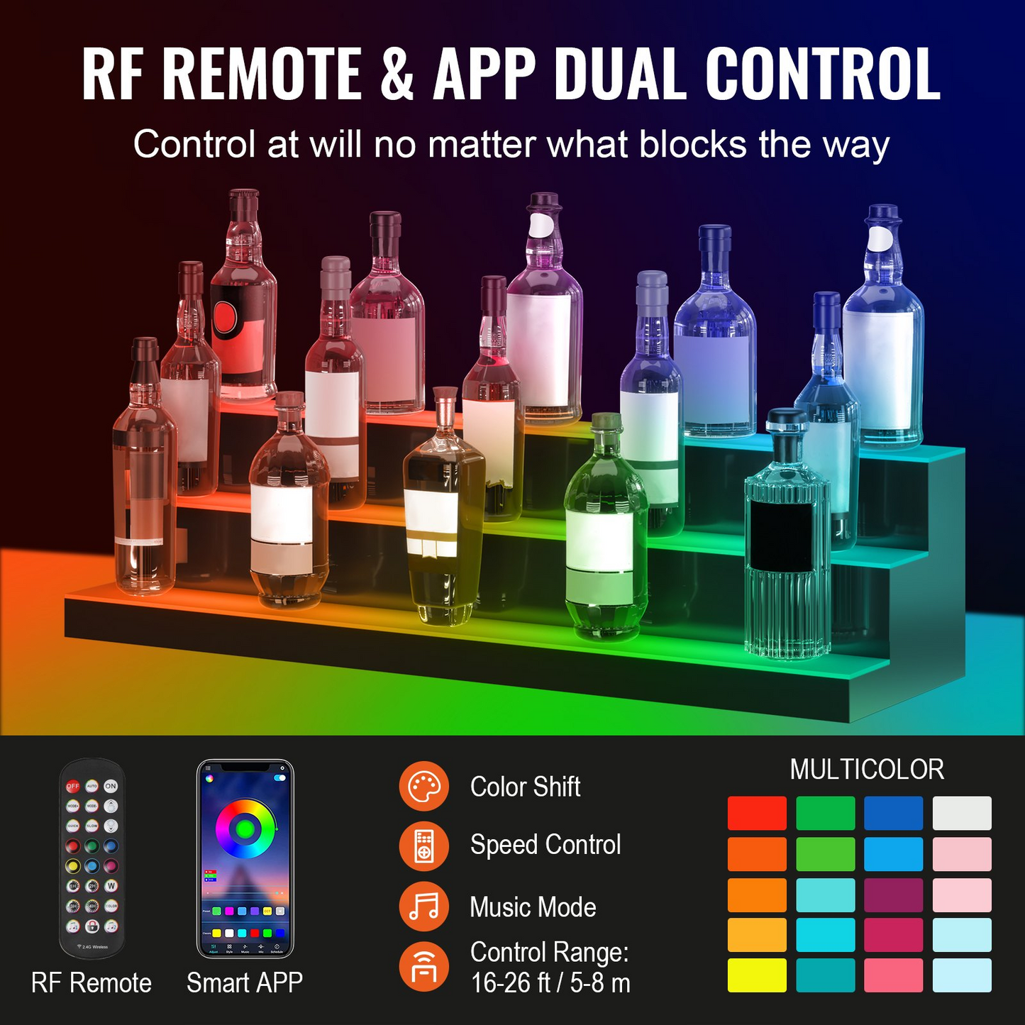 LED Lighted Liquor Bottle Display, 3 Tiers 40 Inches, Illuminated Home Bar Shelf with RF Remote & App Control 7 Static Colors 1-4 H Timing, Acrylic Drinks Lighting Shelf for Holding 30 Bottles