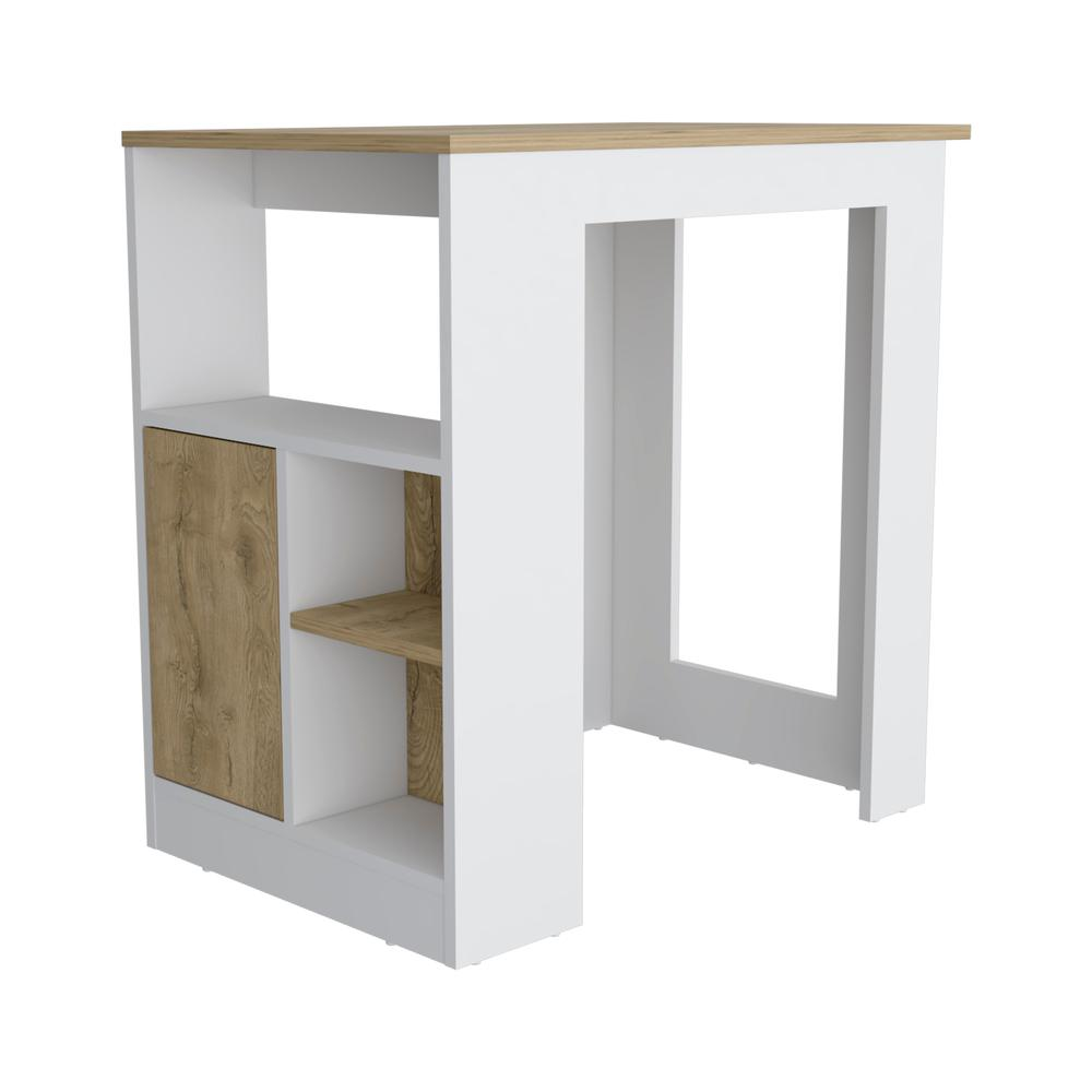 Masset Kitchen Island with Side Shelves and Cabinet, White / Macadamia